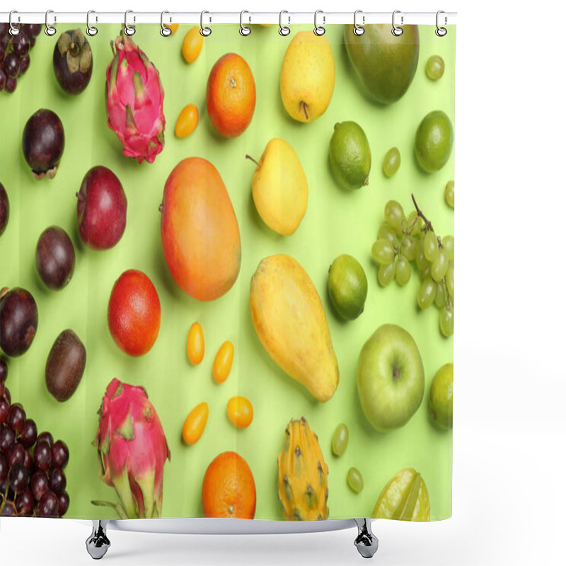 Personality  Many Different Delicious Exotic Fruits On Green Background, Flat Lay Shower Curtains