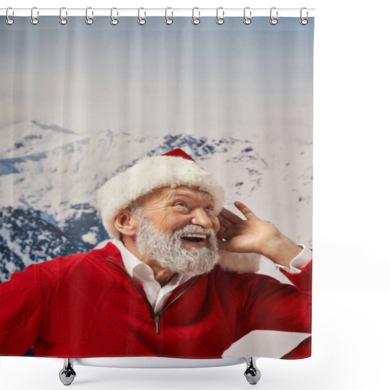 Personality  Portrait Of White Bearded Jolly Santa In Red Festive Hat Posing With Hand Near Face, Winter Concept Shower Curtains