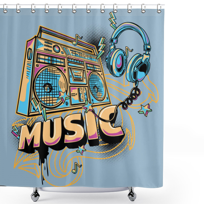 Personality  Music Design - Funky Drawn Boombox And Headphones Graffiti Shower Curtains