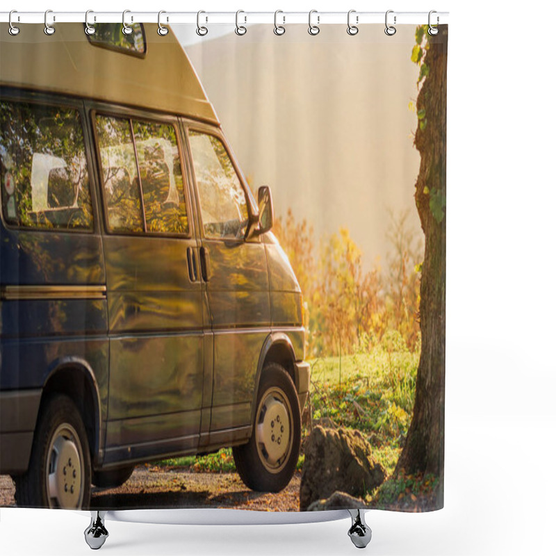 Personality  A Blue Camper Van Sits At Sunset Against A Bright Green Meadow With Lush Orange Sunlight Streaming In Shower Curtains