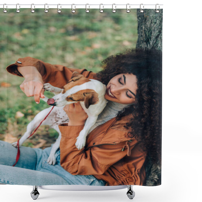 Personality  Selective Focus Of Woman In Autumn Outfit Playing With Jack Russell Terrier In Park Shower Curtains