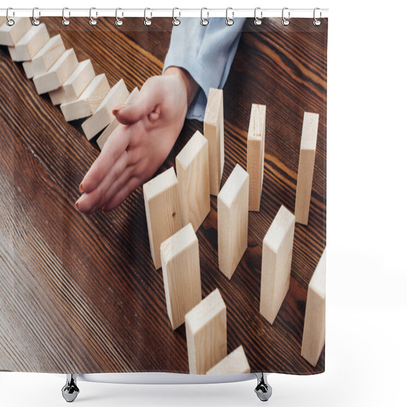 Personality  Partial View Of Woman Preventing Wooden Blocks From Falling At Desk Shower Curtains