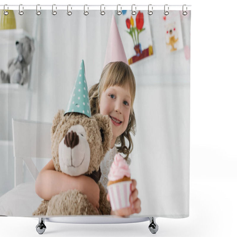 Personality  Smiling Birthday Kid Holding Teddy Bear And Giving Cupcake  Shower Curtains