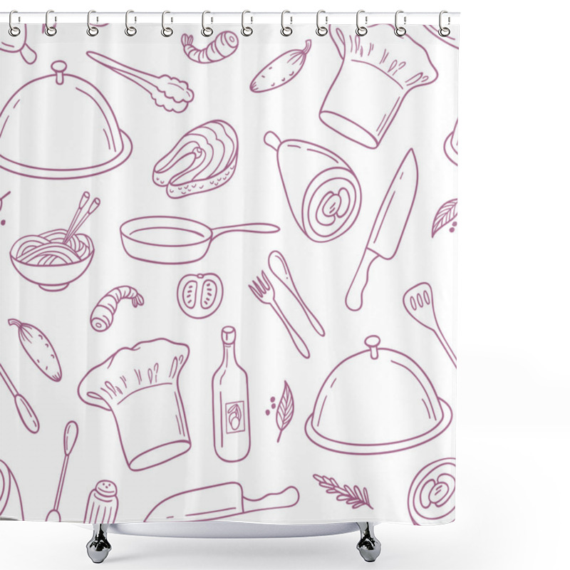 Personality  Outline Seamless Pattern With Hand Drawn Food. Background For Cafe Or Kitchen Design Shower Curtains