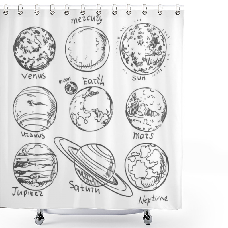 Personality  Doodle Planets Of The Solar System Isolated On White Background Shower Curtains