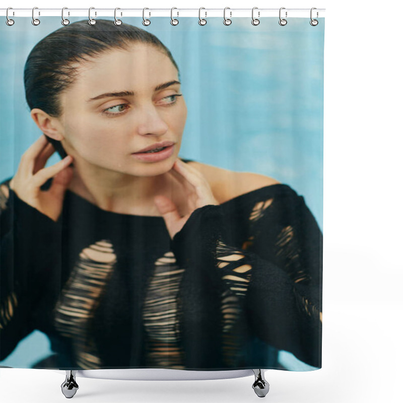 Personality  No Makeup Look, Beautiful And Sexy Woman In Black Knitted Outfit Swimming Inside Of Outdoor Swimming Pool During Vacation In Miami, Natural Beauty, Luxury Resort, Florida, Looking Away Shower Curtains