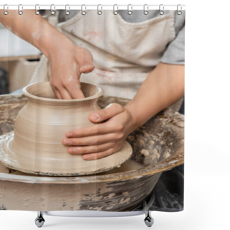 Personality  Cropped View Of Young Female Artisan In Apron Making Shape Of Clay Vase And Working With Spinning Pottery Wheel On Table In Ceramic Workshop, Pottery Creation Process Shower Curtains