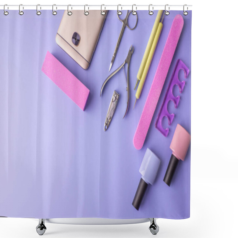 Personality  Set Of Cosmetic Tools For Manicure And Pedicure On A Purple Background. Gel Polishes, Nail Files And Clippers, Top View Shower Curtains