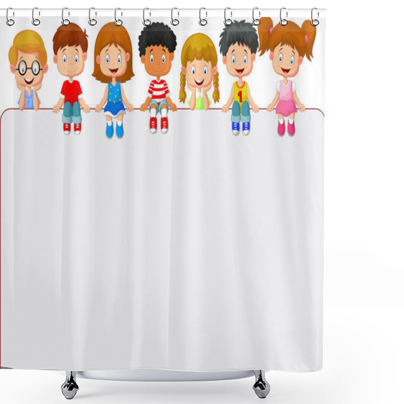 Personality  Happy Smiling Group Of Kids Showing Blank Placard Board Shower Curtains