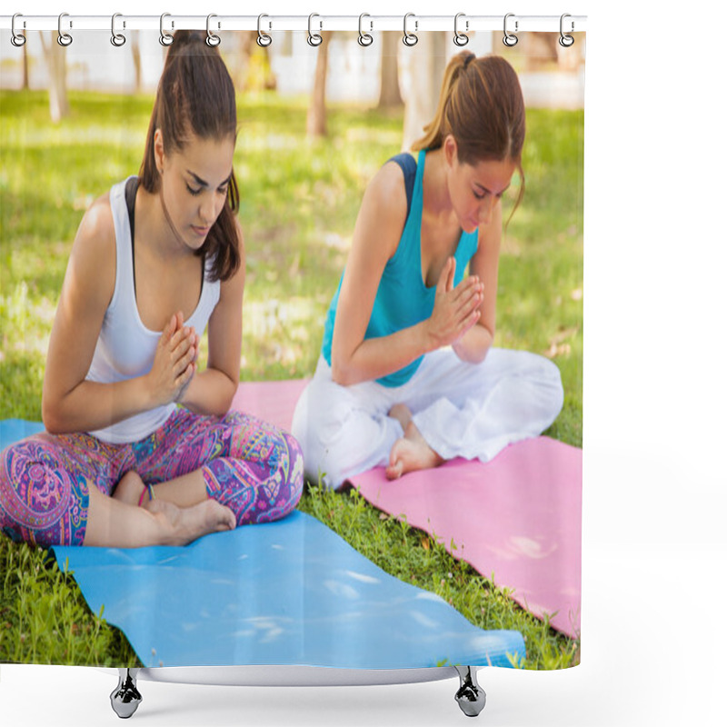 Personality  Girls Doing Yoga At Park Shower Curtains