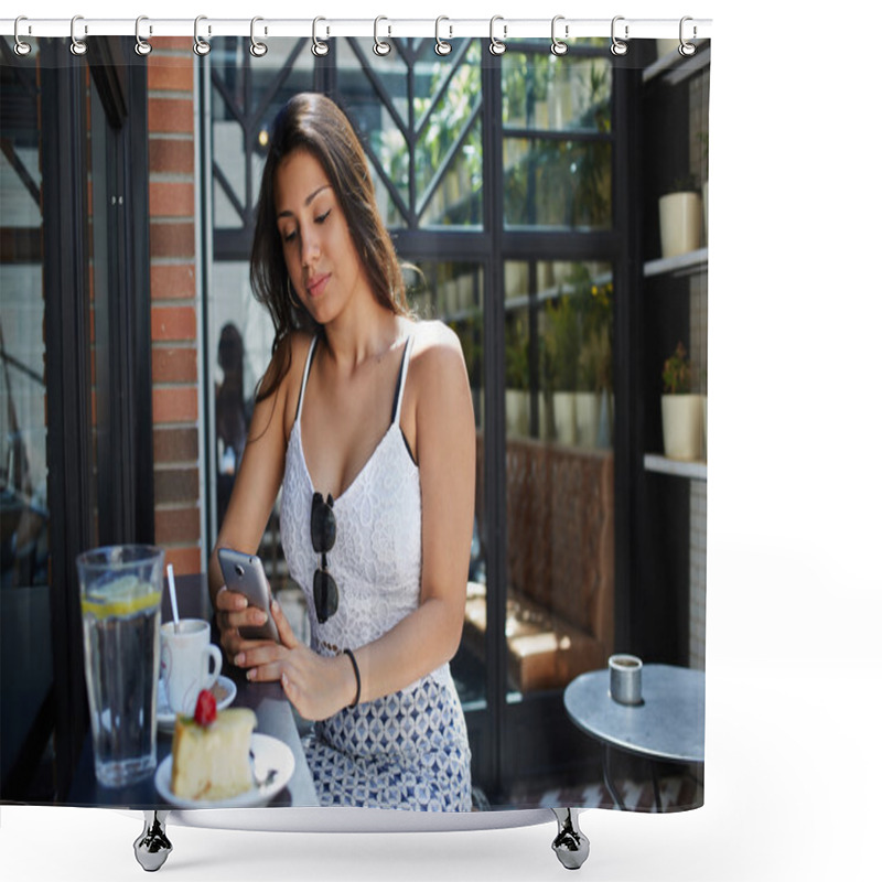 Personality  Smiling Woman Using The Mobile Phone Shower Curtains