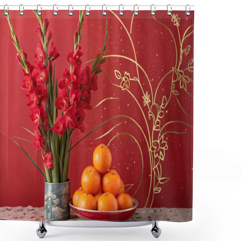 Personality  A Still Life Photo Featuring A Vibrant Red Flower Arrangement In A Cylindrical Vase And A Pile Of Fresh, Bright Oranges In A Bowl. The Background Is Richly Colored With A Deep Red Base And Intricate Gold Floral Designs. The Table Surface Is Textured  Shower Curtains