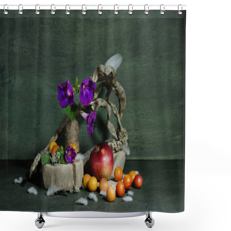 Personality  Design, Composition, Ikebana, Still Life Of Summer Wildflowers, Tree Roots, Apples, Plums, Bird Feathers, Flowers Shower Curtains