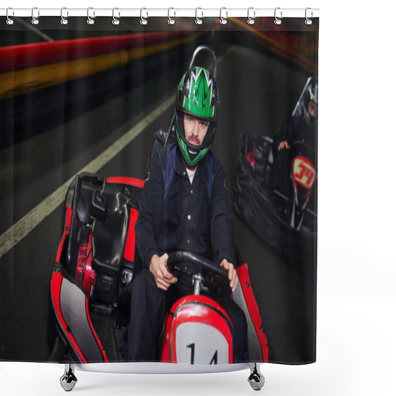 Personality  Focused Man In Sportswear And Helmet Driving Sport Car For Karting Near Friend On Indoor Circuit Shower Curtains