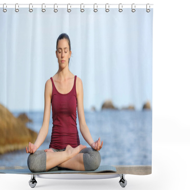 Personality  Front View Portrait Of A Concentrated Woman Doing Yoga Exercise On The Beach Shower Curtains