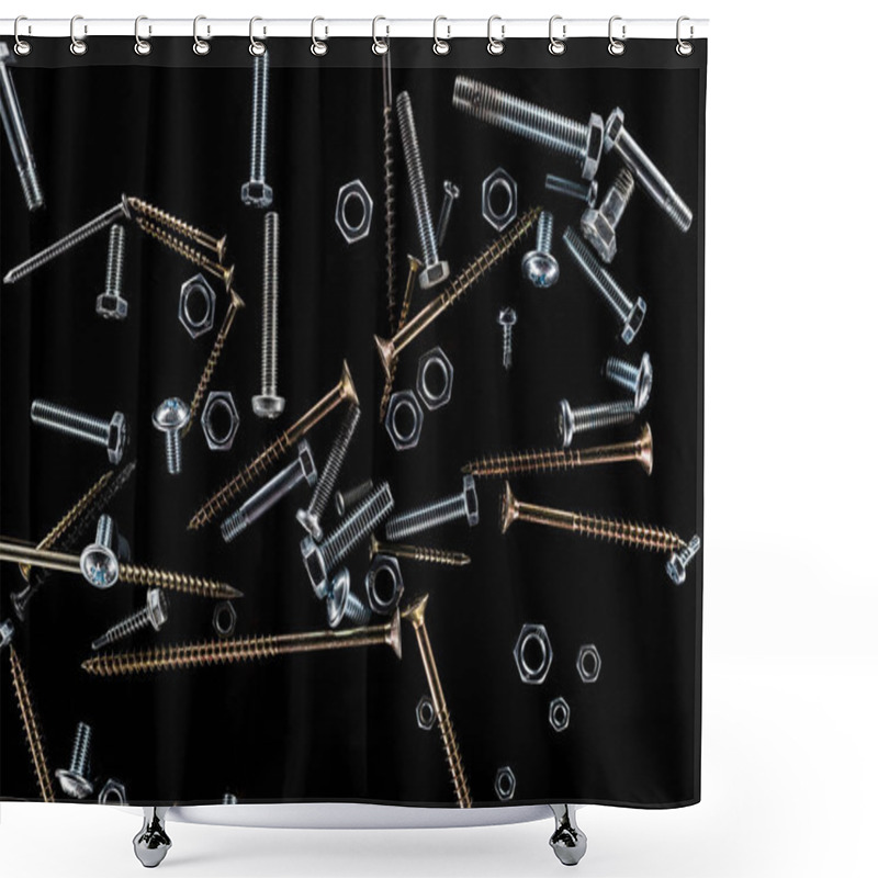 Personality  Top View Of Scattered Bolts, Nuts And Studs Isolated On Black Shower Curtains