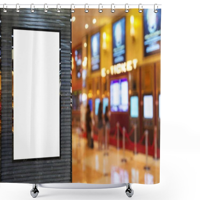 Personality  Blank Showcase Billboard Or Advertising Light Box For Your Text Message Or Media Content With Blurred Image Of Ticket Sales Counter At Movie Theater, Advertisement, Marketing, Entertainment Concept Shower Curtains