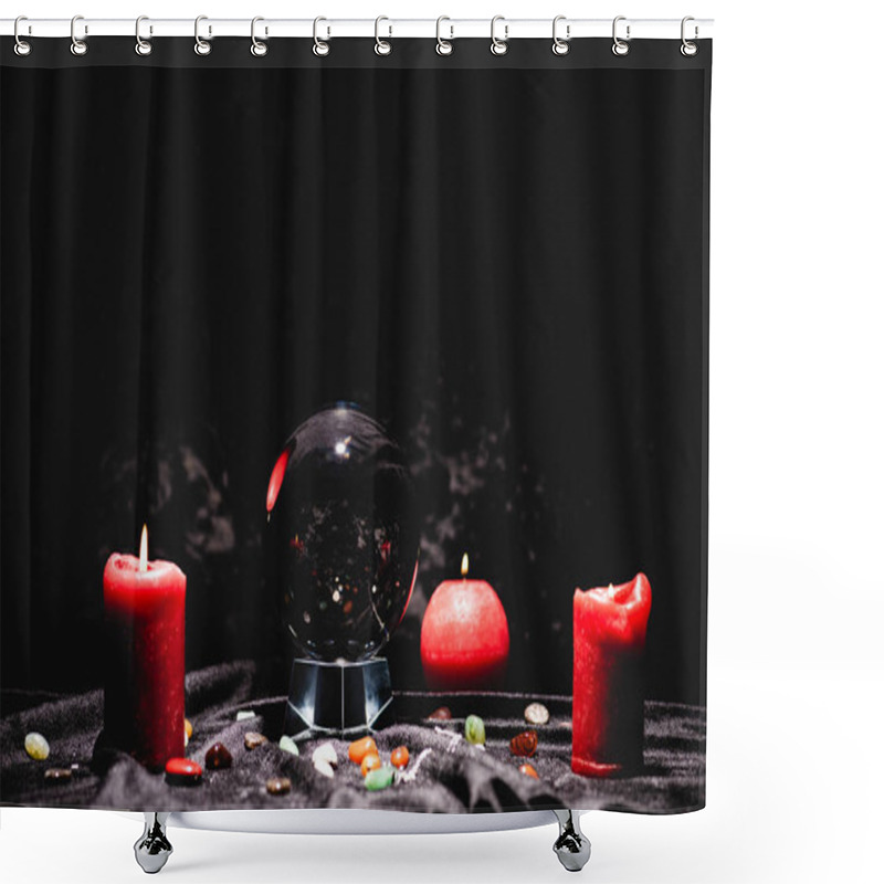 Personality  Crystal Ball With Fortune Telling Stones And Candles On Black Velvet Cloth Shower Curtains