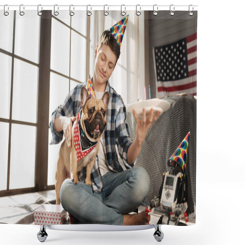 Personality  Happy Boy Smiling While Patting His Dog Shower Curtains