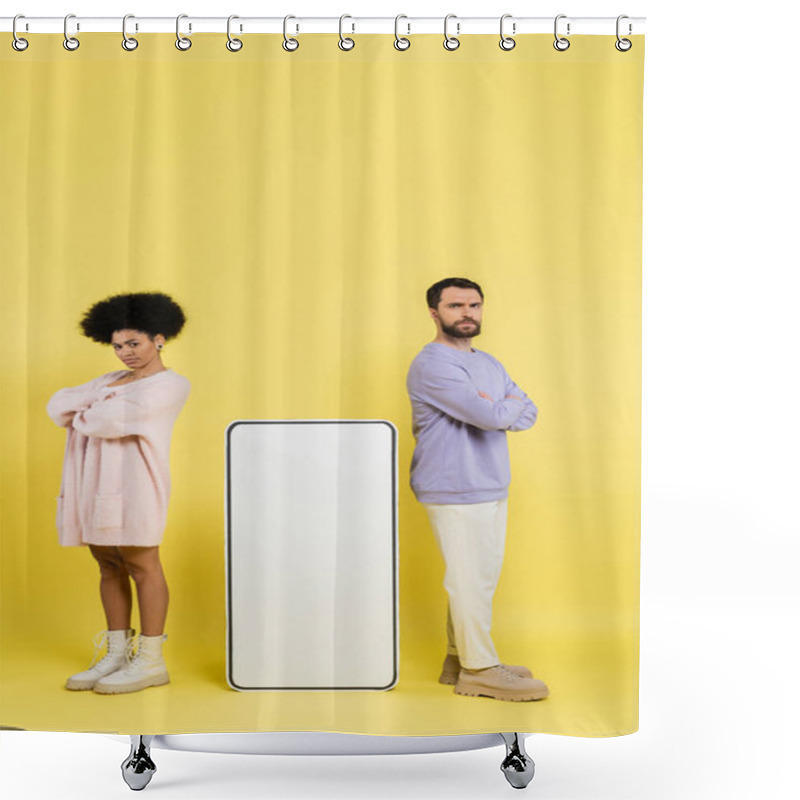 Personality  Full Length Of Displeased Interracial Couple Standing With Crossed Arms Near Huge Phone Template On Yellow Background Shower Curtains