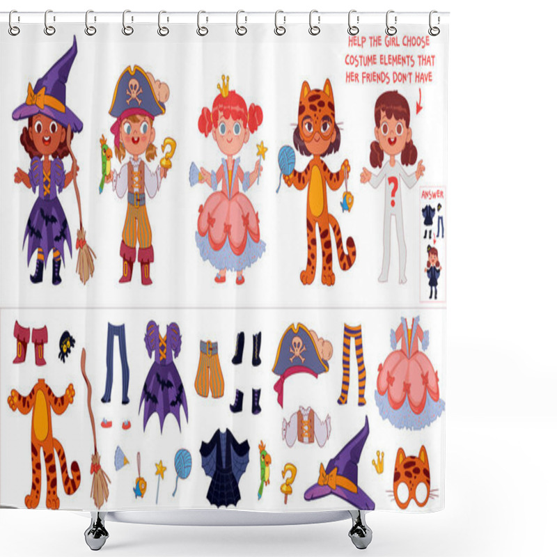 Personality  Find The Costume Pieces For Girl. Educational Game For Kids. Attention Task. Funny Cartoon Character. Worksheet Page. Puzzle Hidden Items. Educational Game For Children. Colorful Cartoon Characters Shower Curtains