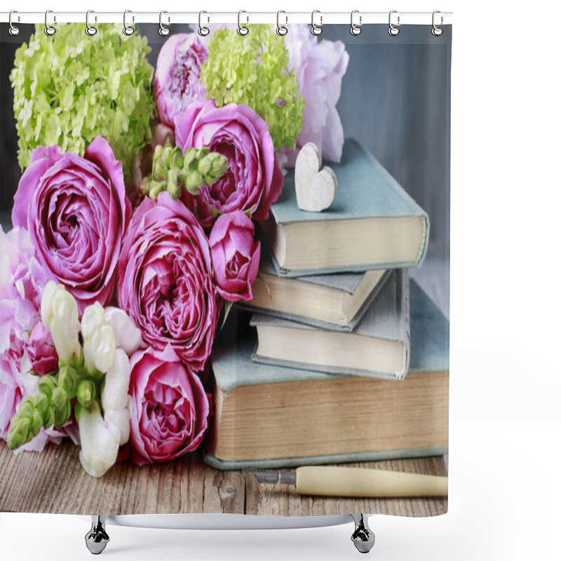 Personality  Old Books And Bouquet Of Flowers. Shower Curtains