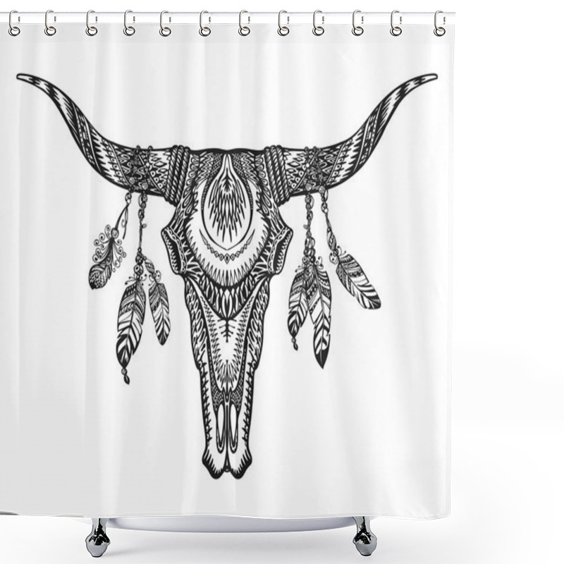 Personality  Vector Tribal Animal Skull Illustration With Ethnic Ornaments Shower Curtains