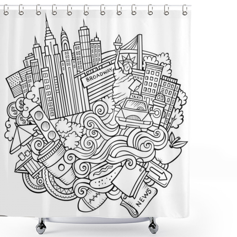 Personality  Cartoon Cute Doodles Hand Drawn Welcome To New York Illustration. Sketchy Detailed, With Lots Of Objects Background. Funny Vector Artwork Shower Curtains