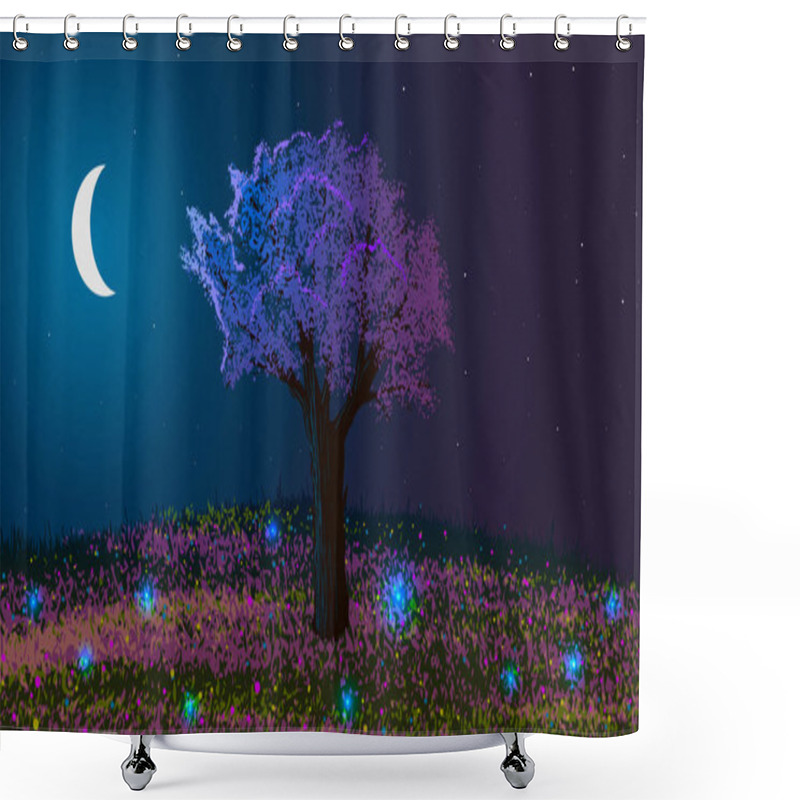 Personality  Spring. Night Landscape. Blooming Tree On A Hill With Flowers And Glowworms. Moon Among Stars. Shower Curtains