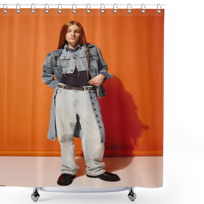 Personality  A Young Man With Long Red Hair Showcases A Range Of Emotions In Front Of An Orange Wall. Shower Curtains