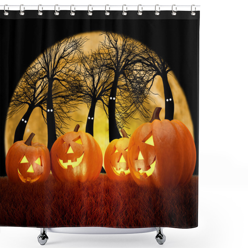 Personality  Halloween Background Scene With Full Moon, Pumpkins And Dark Forest Shower Curtains