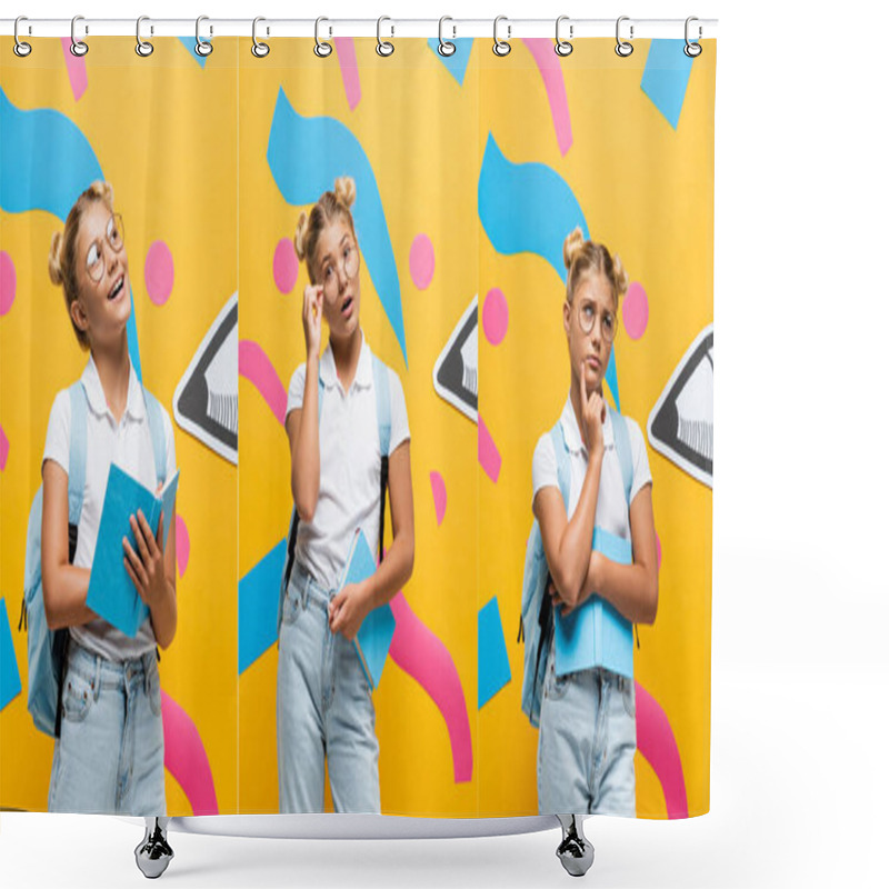 Personality  Collage Of Emotional Schoolgirl In Eyeglasses Holding Book Near Paper Pencil And Colorful Elements On Yellow, Horizontal Image Shower Curtains