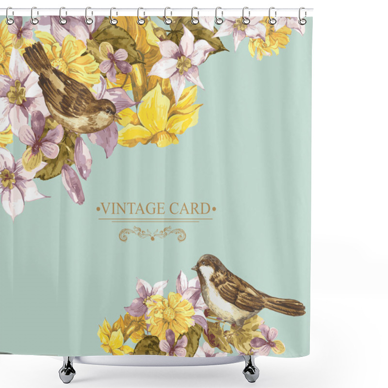 Personality  Floral Retro Card With Bird Sparrows Shower Curtains