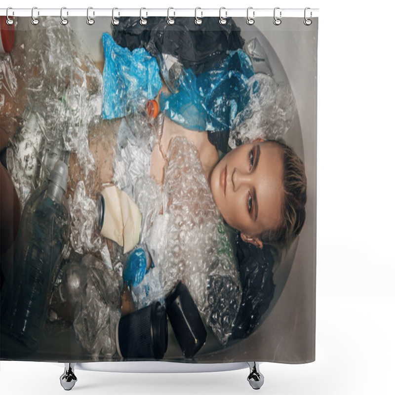 Personality  Top View Of Beautiful Woman Among Plastic Rubbish In Bathtub, Eco Concept Shower Curtains