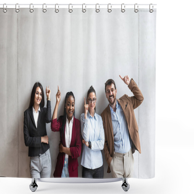 Personality  Group Of Young Happy Successful Business Team People Pointing Finger Up And Smiling. Freelancers Or Exchange Students Showing Above And Smile Looking At The Camera.  Shower Curtains