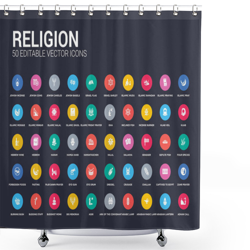 Personality  50 Religion Set Icons Such As Adhan Call, Arabian Lantern, Arabian Magic Lamp, Arabic Lamp, Ark Of The Convenant, Assr, Big Menorah, Buddhist Monk, Budding Staff. Simple Modern Isolated Vector Icons Shower Curtains