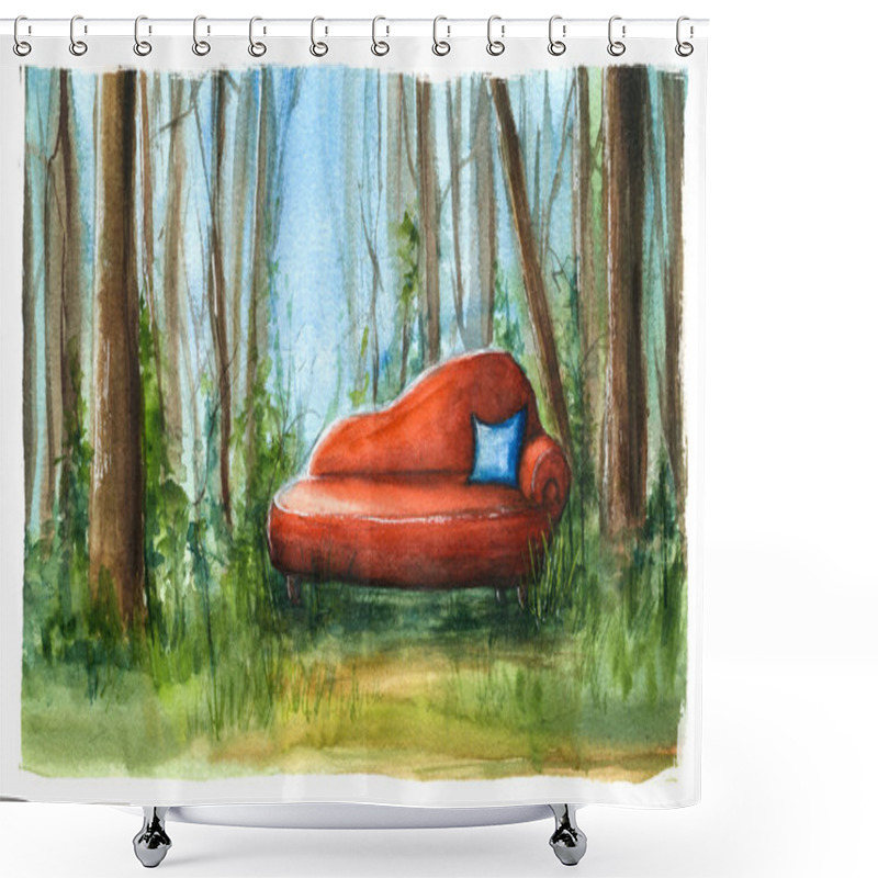 Personality  Watercolor Illustration With A Red Sofa In The Middle Of A Forest. Fantasy Hand Drawn Landscape With Furniture. Stay Home And Relax Concept. Shower Curtains