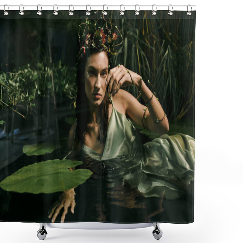 Personality  A Woman Wearing A Floral Crown And Green Dress Poses In A Swamp. Shower Curtains