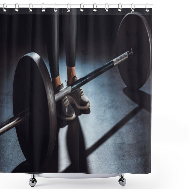 Personality  Partial View Of Sportswoman Standing Near Barbell On Floor At Gym, Black Background Shower Curtains