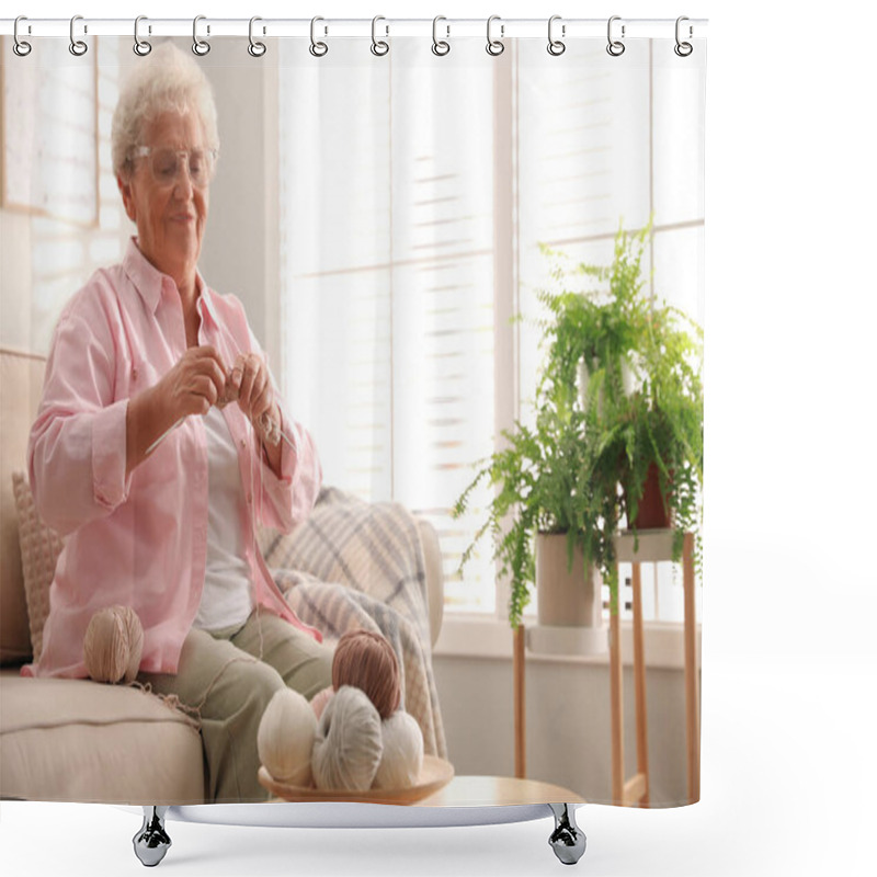 Personality  Elderly Woman Knitting At Home. Creative Hobby Shower Curtains