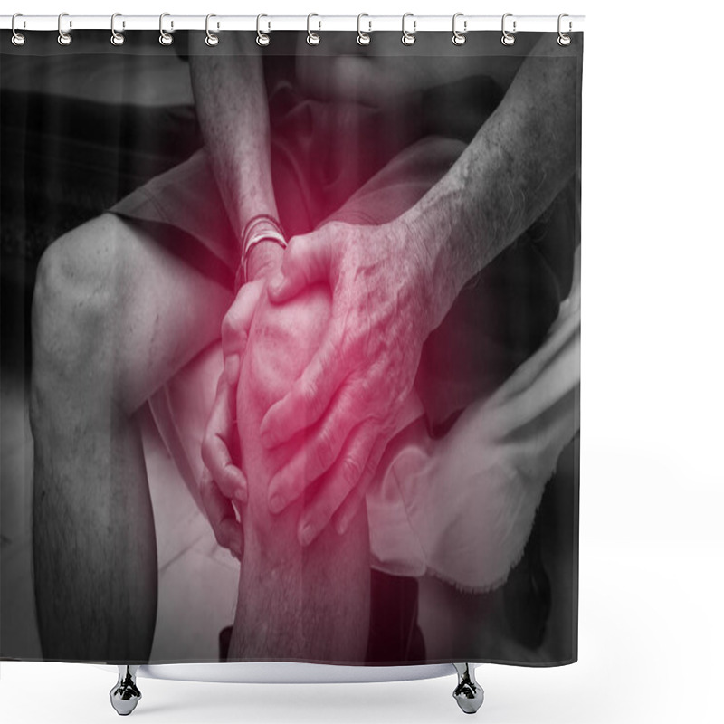 Personality  Elderly Man Suffering From Pain In Knee,indicated With Red Spot. Joint Inflammation Concept. Pain In The Elderly, Health Care, Total Knee Replacement. Shower Curtains