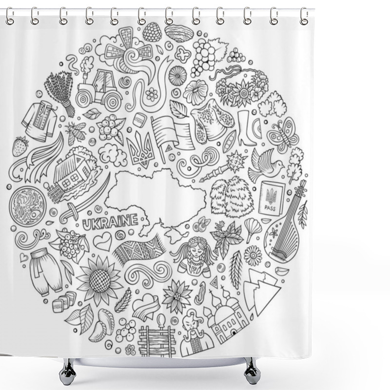 Personality  Sketchy Vector Set Of Ukraine Cartoon Doodle Objects, Symbols And Items. Round Composition Shower Curtains