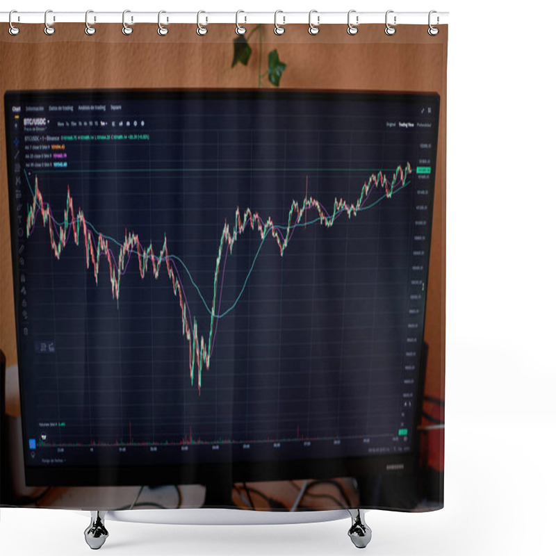 Personality  Vigo,Pontevedra,Spain; December,19,2024:This Image Showcases A Computer Monitor Displaying A Real-time Bitcoin Trading Chart. The Screen Highlights Financial Market Trends, Price Fluctuations, And Technical Indicators Shower Curtains