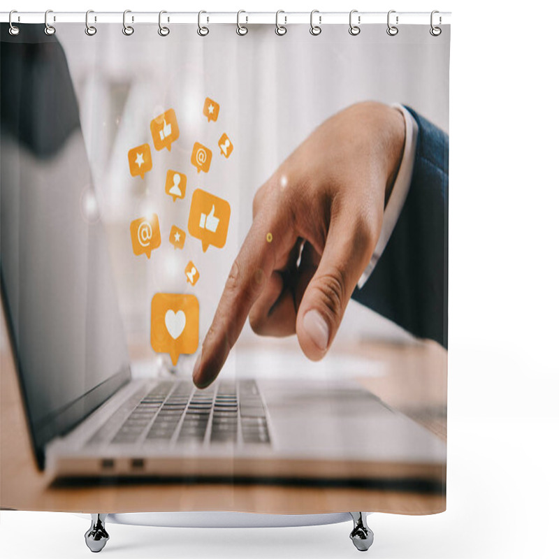 Personality  Partial View Of Businessman Typing On Laptop At Workplace With Multimedia Icons Shower Curtains