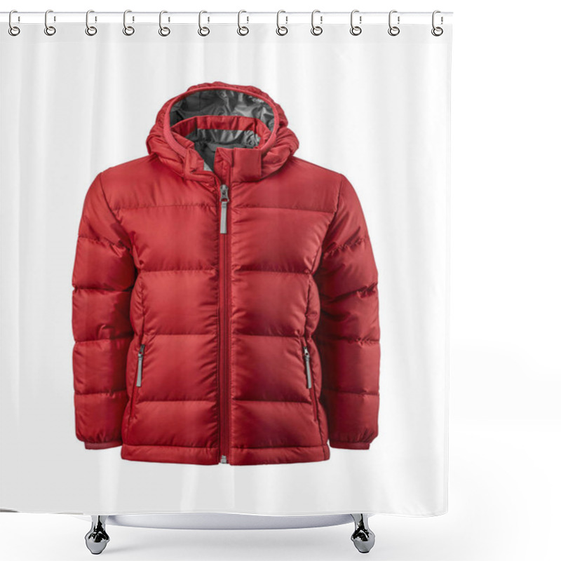 Personality  Kids' Red Hooded Warm Sport Puffer Jacket Isolated Over White Background. Ghost Mannequin Photography Shower Curtains