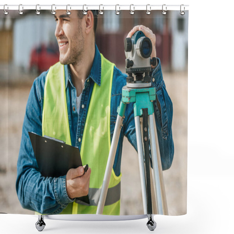 Personality  Smiling Surveyor Holding Clipboard And Digital Level  Shower Curtains