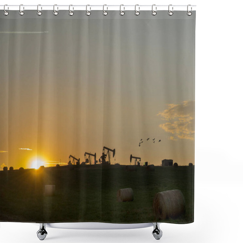 Personality  Oil Pump Jacks On The Canadian Prairies During Sunset With Hay Bales On A Harvested Field. Shower Curtains