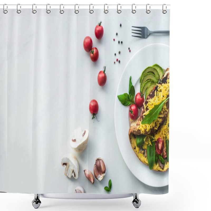 Personality  Top View Of Homemade Omelette With Cherry Tomatoes, Avocado Pieces And Cutlery On White Marble Surface Shower Curtains