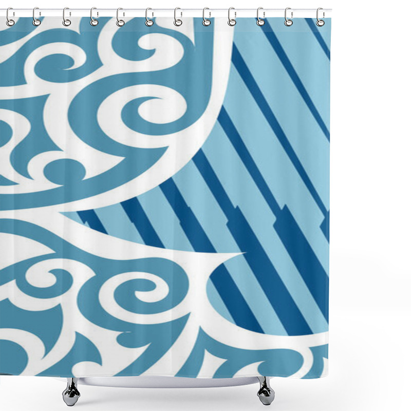 Personality  Abstract Background With Swirl Curly Ornament On Geometric Stripes Texture. Collage Of Stripes Texture With Decorative Curl Curves Shapes Ornament. Shower Curtains