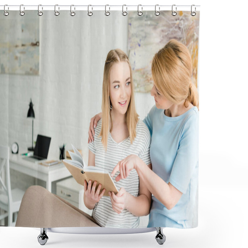 Personality  Mother And Teen Daughter Reading Book Together At Home Shower Curtains